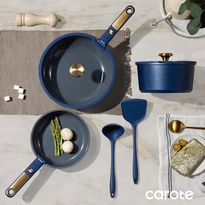 CAROTE Blue&Gold Ceramic Cookware Set Non Toxic, PFAS Free,15Pcs Pots and Pans Set Non Stick Detachable/Removable Handle,Kitchen Cooking Set Dishwasher Safe, Nonstick Pot and Pan, Induction Cookware