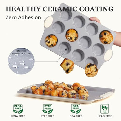 BRONYPRO 12-Cup Non Toxic Nonstick Ceramic Muffin Pan & Cupcake Tin, PFOA & PFOA Free, Heavy Duty Rust-Resistant Aluminized Steel, Oven Safe, Cream White