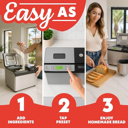 Gourmia Bread Maker with 2 LB Loaf Capacity - 13 Presets Jam Mode, Automatic Ingredient Dispenser, Customizable Crust Options, Keep Warm & Delay Start, Dishwasher Safe Parts
