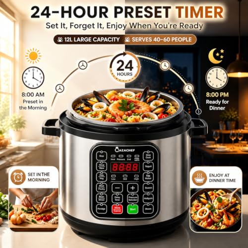 CAZACHEF 12L stainless steel Pressure Cooker | 24-hour Presetting electric rice cooker, 14 in 1 slow cooker with temperature control | LED Multifunction Steamer, Food Warmer with nonstick pot