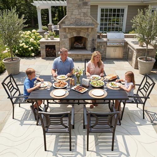 SAILARY 7 Pieces Patio Dining Set for 6, Large 77" Outdoor Metal Table with Universa Umbrella Hole & Stackable Iron Chairs, Patio Furniture Set for Deck, Backyard, Yard, Porch