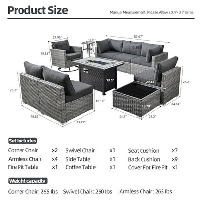 HOOOWOOO 10 Piece Patio Sectional Furniture Set with Fire Pit Table,Modern Wicker Outdoor Conversation Sofa Sets,Weather Resistant Modular L Shaped Outside Couch Swivel Chair Set(Black)