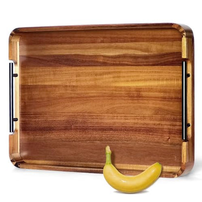 OurMiao 22" x 15.75" Acacia Wood Serving Tray with Metal Handles & Rounded Corners, Large Rectangular Wooden Ottoman Tray for Coffee Table, Living Room, Kitchen, Food Serving