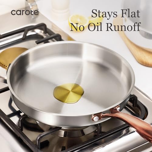 CAROTE 3-Piece Tri-Ply Stainless Steel Frying Pan Set, Skillet Set 8"/10"/12", Induction Compatible, Oven & Dishwasher Safe, Gold Handle, Mothers Day Gifts