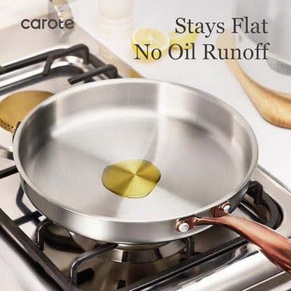 CAROTE 7-Piece Tri-Ply Stainless Steel Frying Pan Set, Skillet Set 8"/10"/12", Induction Compatible, Oven & Dishwasher Safe, Gold Handle
