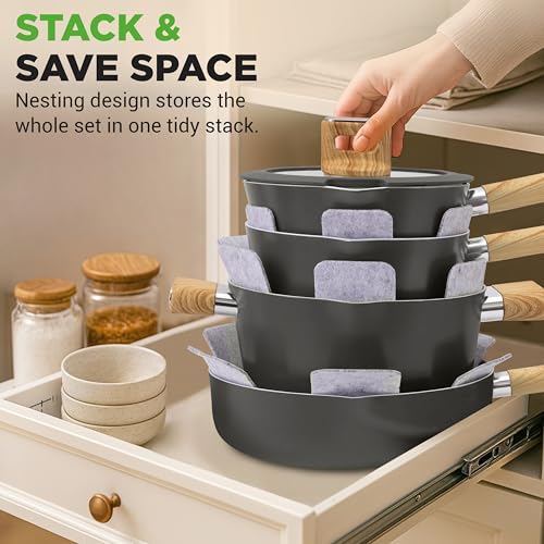 NutriChef 14-Piece Non-Stick Ceramic Cookware Set - Induction Safe Pots and Pans with Glass Lids, Cool-Touch Handles, Even Heat Distribution, Dishwasher Safe, Includes Ladle, Tong, Spatula (Black)