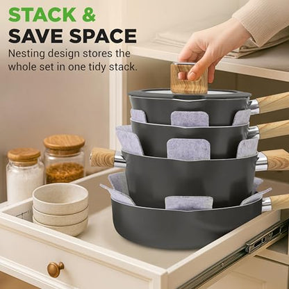 NutriChef 14-Piece Non-Stick Ceramic Cookware Set - Induction Safe Pots and Pans with Glass Lids, Cool-Touch Handles, Even Heat Distribution, Dishwasher Safe, Includes Ladle, Tong, Spatula (Black)
