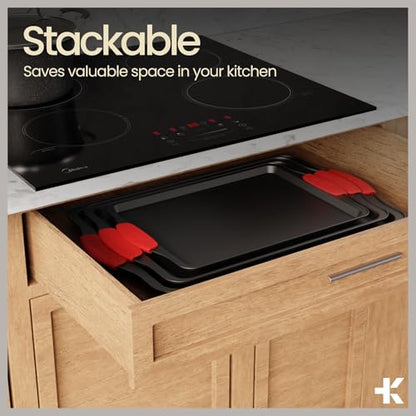 BAKKEN Kitchen Baking Pans - Medium (15.15 × 10.03") and Large (17.1 x 11.8") Nonstick Sheets, Carbon Steel Cookie Sheets with Red Silicone Handles, PFOA, PFOS, PTFE Free, Oven Safe (450°F), Set of 2