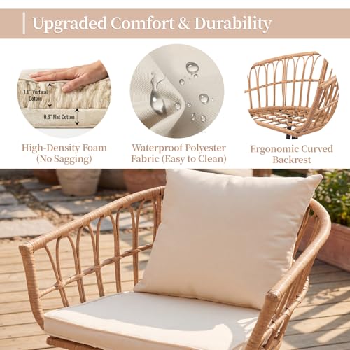 VineBreeze 3-Piece Patio Dining Set, Featuring a Round PE Rattan Table and 2 Chairs, Suitable for Bedrooms, Porches and Gardens All-Weather Furniture Set Includes Tempered Glass, Thick Cushions