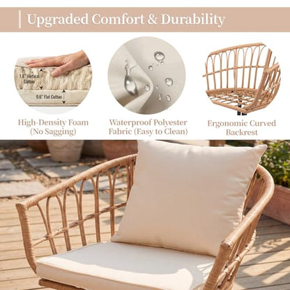 VineBreeze 3-Piece Patio Dining Set, Featuring a Round PE Rattan Table and 2 Chairs, Suitable for Bedrooms, Porches and Gardens All-Weather Furniture Set Includes Tempered Glass, Thick Cushions