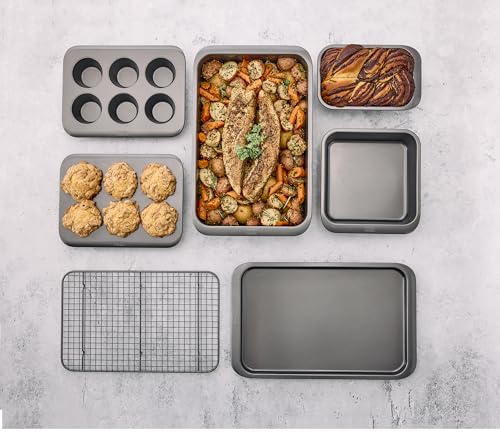 Chicago Metallic 7-Piece Nesting Bakeware Set - Carbon Steel Nonstick Baking Sheet, Loaf Pan, Muffin Pan, Cake Pan, Roaster and Cooling Rack - Space-Saving Kitchen Essentials