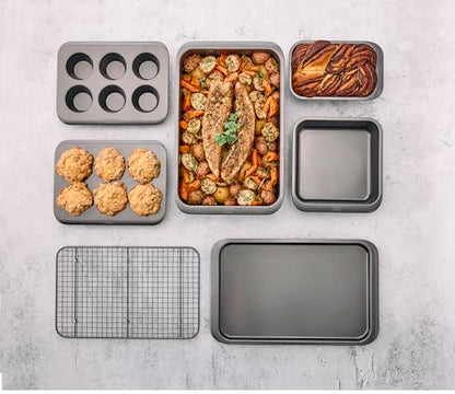 Chicago Metallic 7-Piece Nesting Bakeware Set - Carbon Steel Nonstick Baking Sheet, Loaf Pan, Muffin Pan, Cake Pan, Roaster and Cooling Rack - Space-Saving Kitchen Essentials