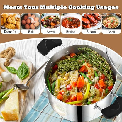 8 Quart 3-Ply Cooking Stock Pot with Lid, P&P CHEF Stainless Steel Large Pot for Pasta Soup, Work on Multi Stove, Heavy Duty & Dishwasher Safe, Dual Heat-resistant Handles & Transparent Glass Lid