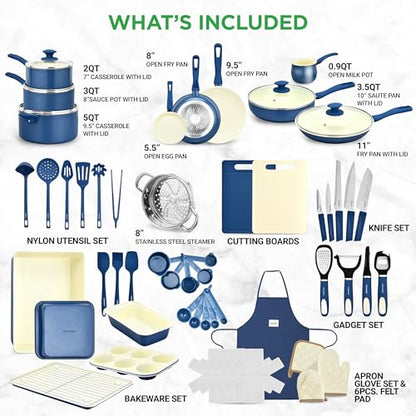Nutrichef 54 Piece Professional Grade Complete Home Kitchen Cookware Set, Ceramic Non-Stick Bakeware, Pot and Pans Kit, Cool-Touch Handles, Safe for Gas, Electric, Induction Cooktops, Easy Clean