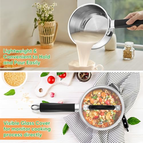 P&P CHEF 1 Quart Sauce Pan with Lid, Stainless Steel Saucepan, Small Milk Pot for Multipurpose Cooking, Visible Glass Lid & Stay-cool Silicone Handle & Tri-Ply Base, For All Stoves & Dishwasher Use