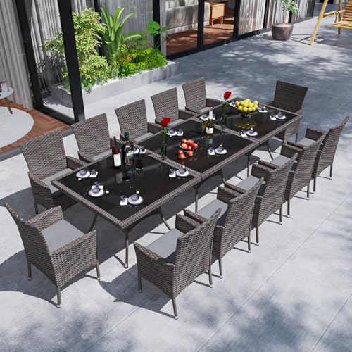 Trumbeak 15 Piece Outdoor Dining Set,Rattan Patio Conversation Set of 12 Chairs,Patio Dining Table and Chairs w/Cushions,Square Glass Tabletop,Umbrella Cutout for Patio,Grey