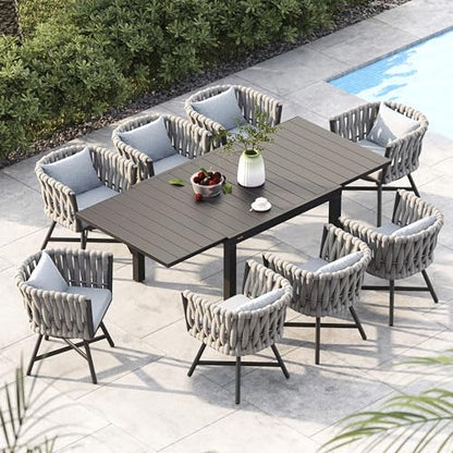 Grand patio 9-Piece Outdoor Dining Set for 8, Patio Dining Furniture Set for 8 Swivel Rope Wicker Chairs & 1 Expandable Rectangular Dining Table, Light Gray Brown