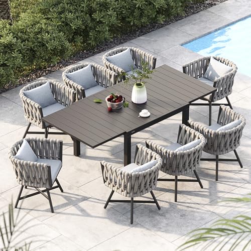 Grand patio 9-Piece Outdoor Dining Set for 8, Patio Dining Furniture Set for 8 Swivel Rope Wicker Chairs & 1 Expandable Rectangular Dining Table, Light Gray Brown