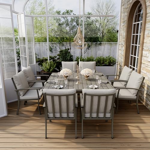 HAPPATIO 9 Piece Patio Dining Set, Aluminum Outdoor Dining Set for 8, 59" Large Square Dining Table with Umbrella Hole and 8 Chairs, Outdoor Table and Chairs for Lawn Yard Patio