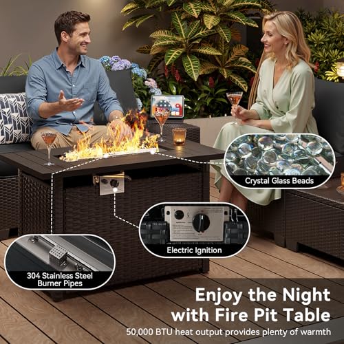 Aoxun 10-Piece Sectional Sofa with 44" Fire Pit, 4" Thicken Cushion, Widen Armrests Wicker for Backyard with Coffee Table, Black