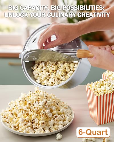 Cook N Home 6 Quart Stovetop Popcorn Popper, Hand Crank Popcorn Maker with Metal Gears, Stirring System and Wooden Handle, Aluminum Popcorn Pot for Family Time & Camping