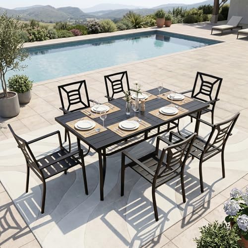 SAILARY 7 Pieces Patio Dining Set for 6, Large 77" Outdoor Metal Table with Universa Umbrella Hole & Stackable Iron Chairs, Patio Furniture Set for Deck, Backyard, Yard, Porch