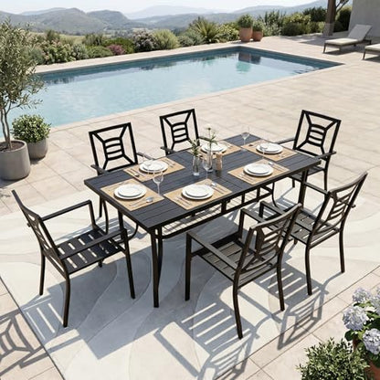 SAILARY 7 Pieces Patio Dining Set for 6, Large 77" Outdoor Metal Table with Universa Umbrella Hole & Stackable Iron Chairs, Patio Furniture Set for Deck, Backyard, Yard, Porch
