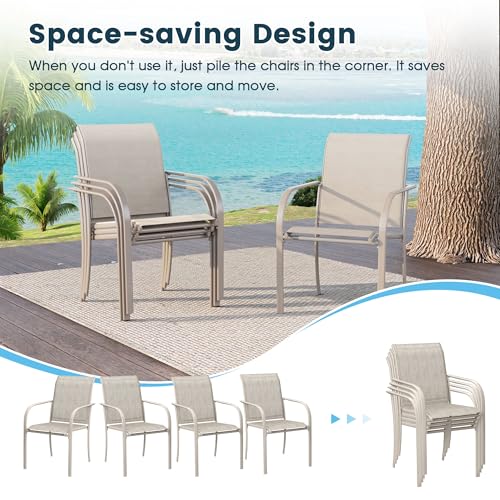 VOXBIN 9 Pieces Patio Dining Set, 71" Rectangular Dining Table with Umbrella Hole, 8 Stackable Textilene Fabric Chairs, Metal Structure for Patio, Porch, Garden(Sand Table, Sand Chair)