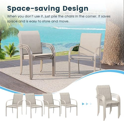 VOXBIN 9 Pieces Patio Dining Set, 71" Rectangular Dining Table with Umbrella Hole, 8 Stackable Textilene Fabric Chairs, Metal Structure for Patio, Porch, Garden(Sand Table, Sand Chair)