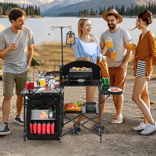 VEVOR Camping Kitchen Table, Outdoor Camp Cooking Table, Aluminum Portable Cook Station with Storage Cupboard, Carrying Bag, Detachable Windscreen, Quick Set-up for BBQ Party Picnic RV Travel, Black