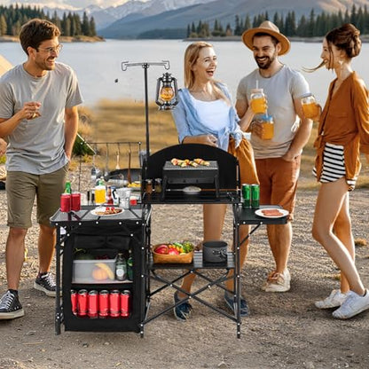 VEVOR Camping Kitchen Table, Outdoor Camp Cooking Table, Aluminum Portable Cook Station with Storage Cupboard, Carrying Bag, Detachable Windscreen, Quick Set-up for BBQ Party Picnic RV Travel, Black