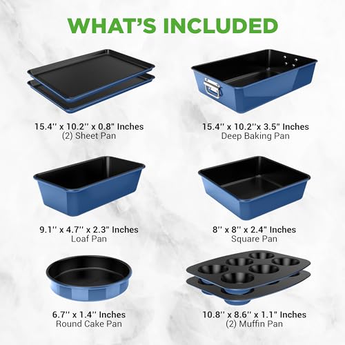 NutriChef 8-Piece Nonstick Bakeware Set - Baking Tray Set w/Non-Stick Coating, 450°F Oven Safe, Round Cake, Loaf, Muffin, Wide/Square Pans, Cookie Sheet (Blue)