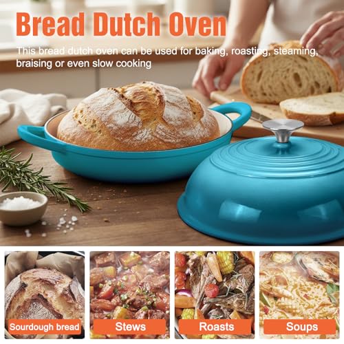 NSIRONS Enameled Cast Iron Dutch Oven Pot with Lid, 6 Qt Dutch Oven for Sourdough Bread Baking, Cast Iron Bread Oven with Dome Lid (Blue-Green)