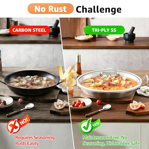 LOLYKITCH 16 Inch Tri-ply Stainless Steel Paella Pan, Detachable Handle Skillet, Induction Compatible Flat Bottom, Rust Proof & Warp Resistant, Large Oven Safe Cookware for Family of 8-10