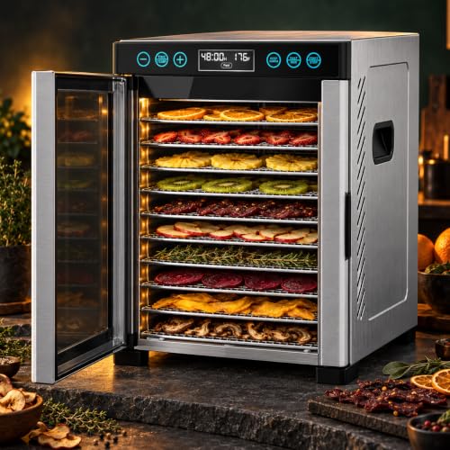 AOHGOA 10-Tray Food Dehydrator, Stainless Steel, Rear Fan, Digital Control