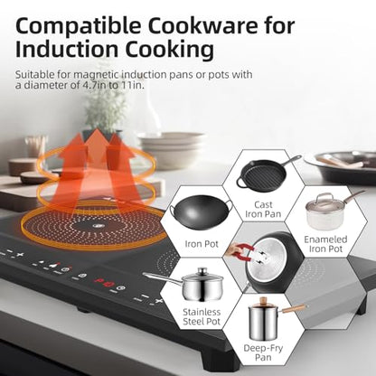 Waatfeet Double Induction Cooktop,Portable Induction Cooker with 2 Burner Independent Control,Ultrathin Body,10 Temperature,1800W-Multiple Power Levels,3 Hour Timer,Safety Lock