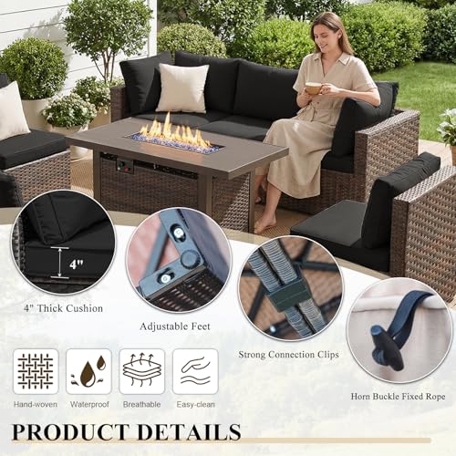 TANGJEAMER 5 Piece Patio Furniture Set with Fire Pit Table, Outdoor Sectional Sofa PE Rattan, Patio Conversation Sets with Cushions for Garden Lawn Balcony Porch Deck Black
