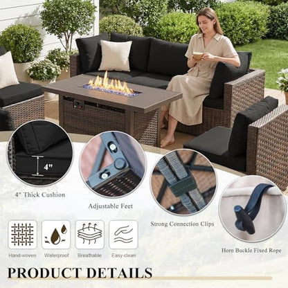 TANGJEAMER 5 Piece Patio Furniture Set with Fire Pit Table, Outdoor Sectional Sofa PE Rattan, Patio Conversation Sets with Cushions for Garden Lawn Balcony Porch Deck Black