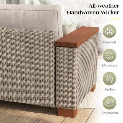 PaPaJet 6-Piece Wicker Patio Furniture Set with Solid Wood Armrest, Outdoor Patio Set with Thick Legs, UV-Resistant Modular Outdoor Sectional Sofa for Backyard, Porch, Garden