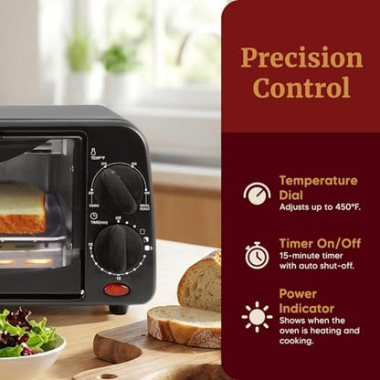 Elite Gourmet ETO236 Personal Compact 2 Slice Countertop Toaster Oven with 15 Minute Timer & Adjustable Temperature, Bake, Broil, & Toast, Black