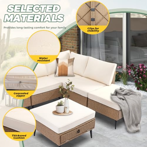 LVUYOYO 8 Pieces Outdoor Patio Furniture Set, Wicker Sectional Sofa Set for All-Weather, Rattan Conversation Sets with Cushions and Storage for Deck, Backyard, Porch (Khaki)