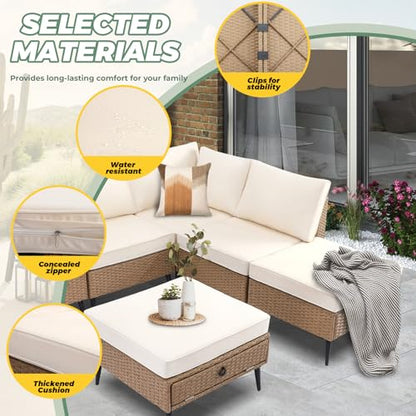LVUYOYO 8 Pieces Outdoor Patio Furniture Set, Wicker Sectional Sofa Set for All-Weather, Rattan Conversation Sets with Cushions and Storage for Deck, Backyard, Porch (Khaki)