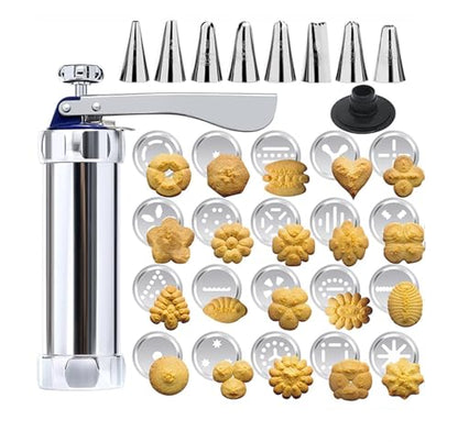 Spritz Cookie Press Kit - 20 Stainless Steel Discs & 8 Icing Nozzles - Professional Biscuit Maker with Effortless Trigger - Complete Spritz Cookie Maker for Homemade Treats and Pastry Decoration