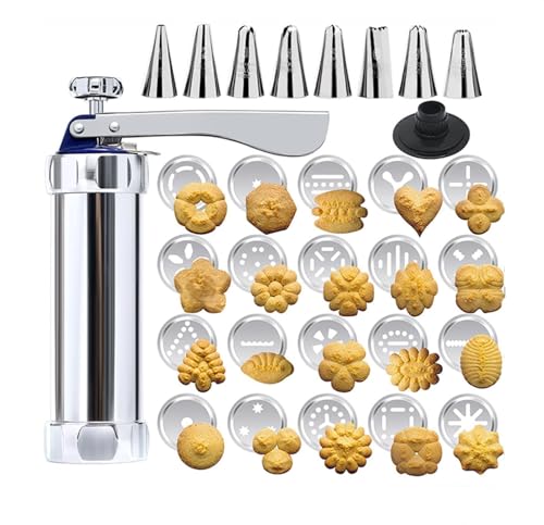Spritz Cookie Press Kit - 20 Stainless Steel Discs & 8 Icing Nozzles - Professional Biscuit Maker with Effortless Trigger - Complete Spritz Cookie Maker for Homemade Treats and Pastry Decoration