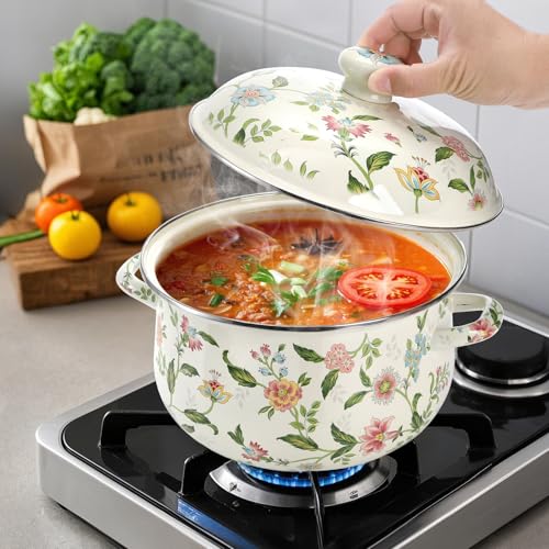 Jucoan 5 Quart Enamel Stockpot with Lid, Green Floral Enamelware Cooking Pot with Dual Handles for Stovetop, Large Soup Pot Potpourri Simmer Pot Gift for Housewarming Bridal Shower Mother's Day
