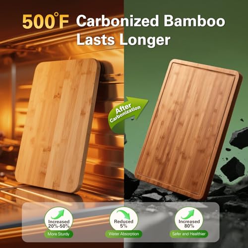 Zarler Bamboo Cutting Boards for Kitchen, Wood Cutting Board with Juice Grooves and Handles, Wooden Chopping Board Set for Meal Prep, 500℉ Carbonized Bamboo, XL Size, Ideal Kitchen Gift