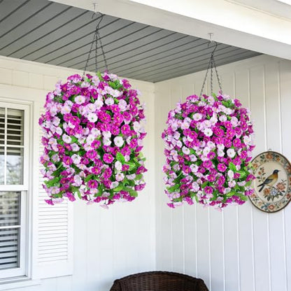 INXUGAO Artificial Flowers with Hanging Basket, Outdoor Faux Plants Silk Morning Glory Vines, Fake Green Arrangement for Garden Patio Spring Summer Decor(4pcs,Darkorchid)