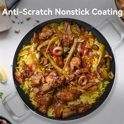 14 Inch Stainless Steel Paella Pan, Nonstick Ceramic Coating & Induction Compatible Large Skillet, Jumbo Cooker for Spanish Rice, Seafood Paella, Authentic Paella, Socarrat, Oven Safe, 5-8 Servings