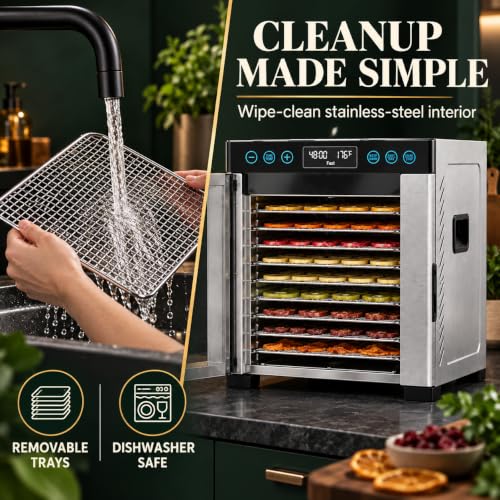AOHGOA 10-Tray Food Dehydrator, Stainless Steel, Rear Fan, Digital Control