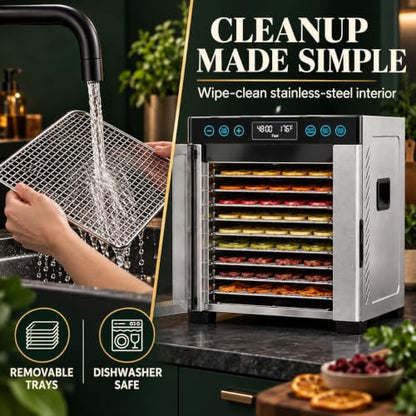 AOHGOA 10-Tray Food Dehydrator, Stainless Steel, Rear Fan, Digital Control